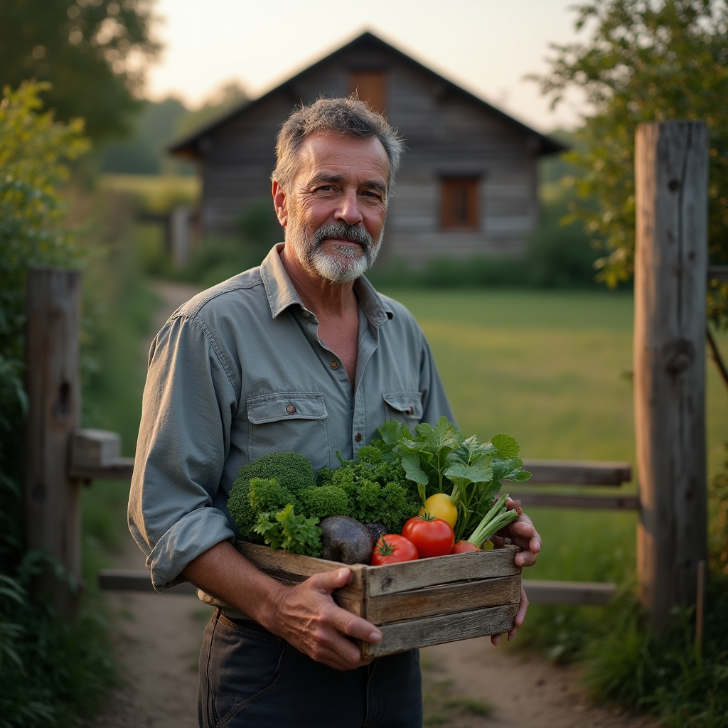 Producător local prezentând produse la poarta fermei